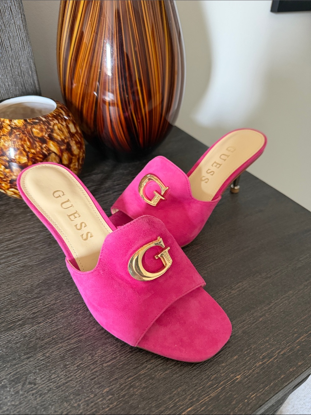 GUESS Hot Pink Suede Open-Toe Slide Heels with Gold Logo. Never worn.